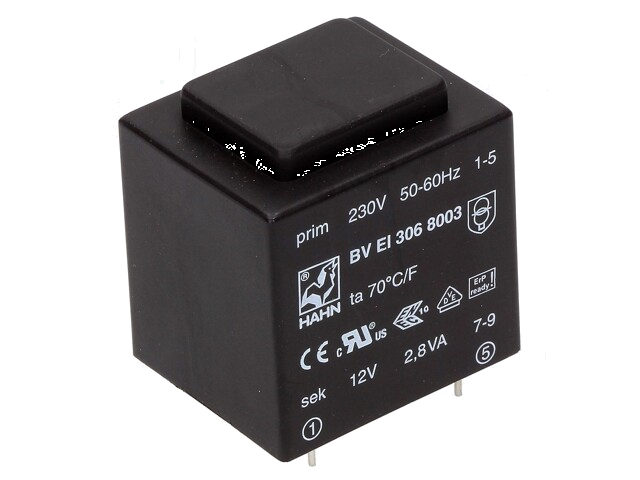 Transformator: ingegoten; 2,8VA; 230VAC; 12V; 233mA; PCB; BVEI Transformator: ingegoten; 2,8VA; 230VAC; 12V; 233mA; PCB; BVEI